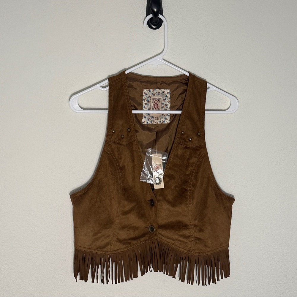 Decree Brown Faux Suede Fringe Western Festival Crop Vest Large